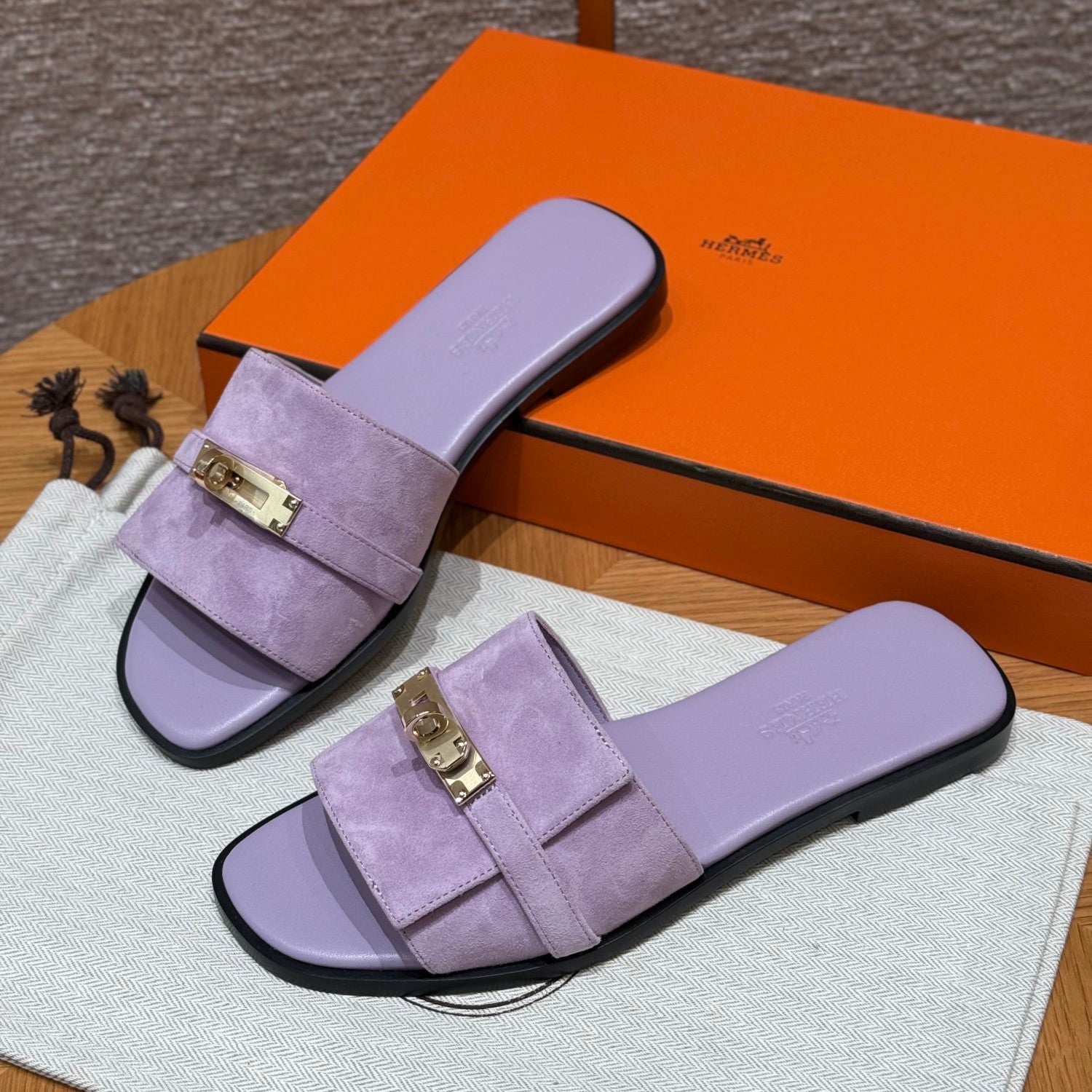 Hermes Giulia Women's Summer Solid Color Metal Buckle Round Toe Suede Leather Sandals Slippers Shoes #77667