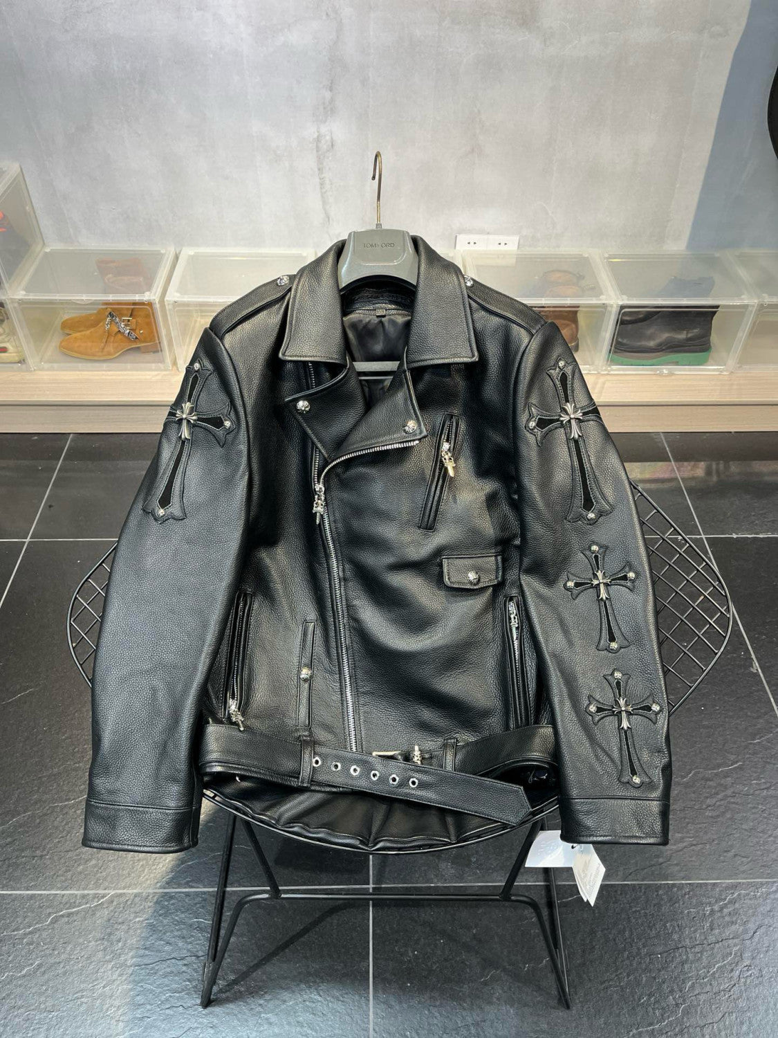 Chrome Hearts Men's Spring And Autumn Black Lapel Zipper Long Sleeve Fitted Cross Leather Coat Jacket #98699