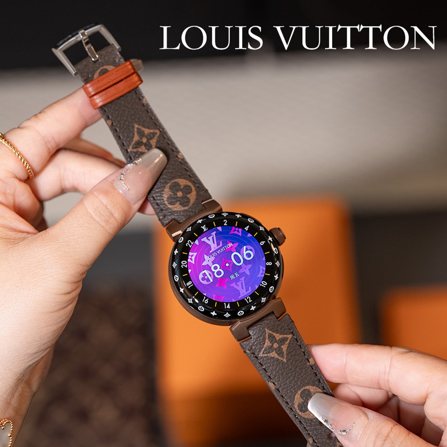 Louis Vuitton Tambour Horizon Light Up Connected Watch Men's Women's Fashion Accessories Diameter 44mm1.2 Inch Round Amoled Full Touch Screen Resolution 390*390 Sensor Actuator Life Waterproof Smart Watch #81447