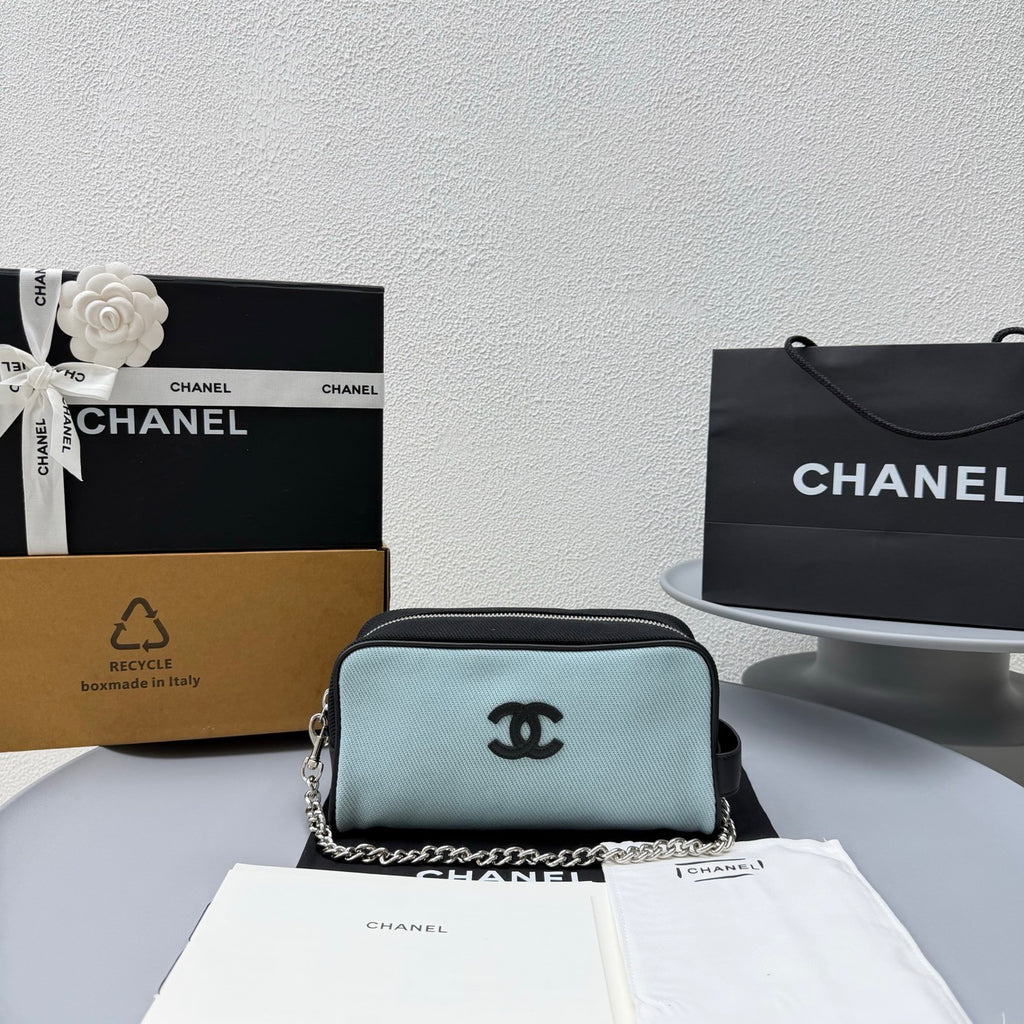 Chanel Large Zipped Pouch Canvas Calfskin Silver-tone Metal Blue And Black Stylish And Elegant Make-up Bag Bags #84397A