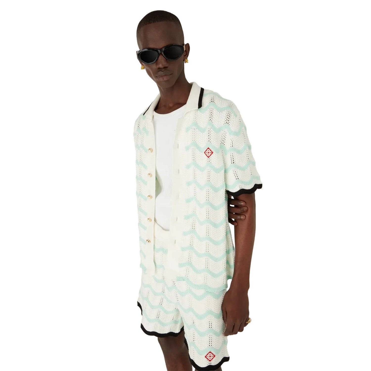 Casablanca Men's Summer Fashion Casual Knit Arch Wave Pattern Woven Pure Cotton Single Breasted Collar Shirt Waist Elastic Short Pants Suit Set #78349
