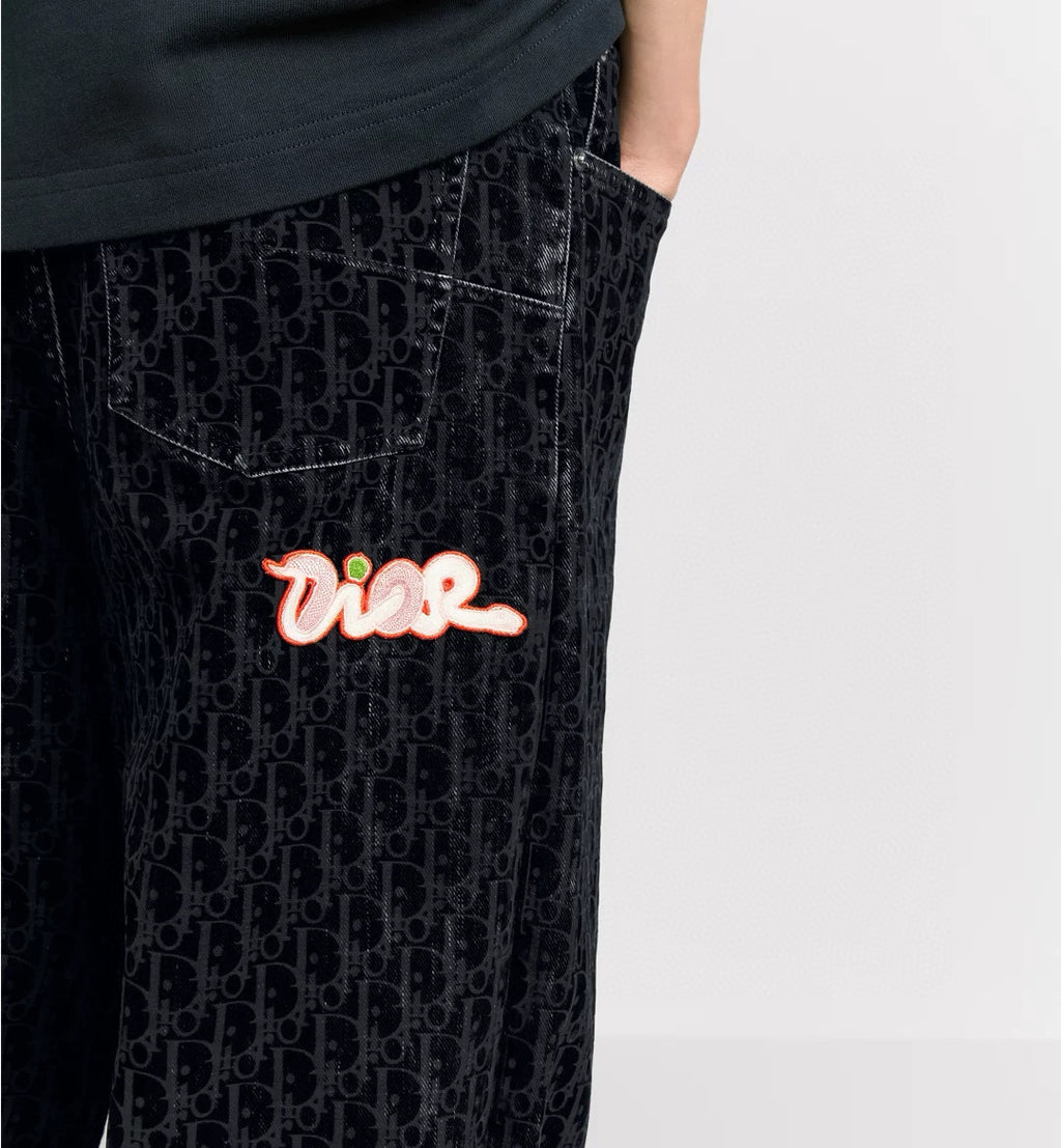 Dior Men's Dior And Kaws Collection Four-Season Cotton-Blend Solid-Color Button-Fly Flocked Denim Pants #81751