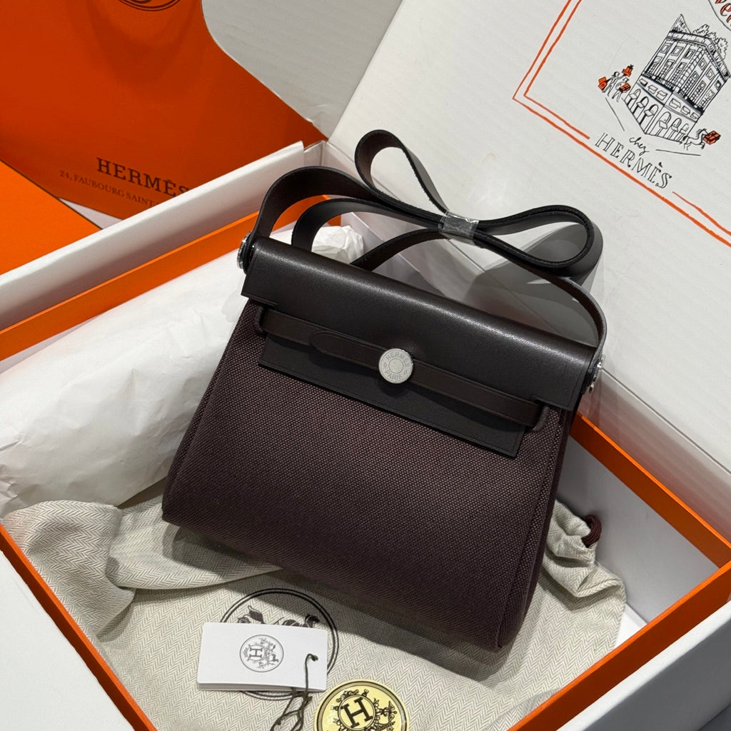 Hermes H -Mini Herbag Women's Color Blocking Metal Buckle Canvas and Cowhide Handbag Shoulder Satchel Bag Bags #76411