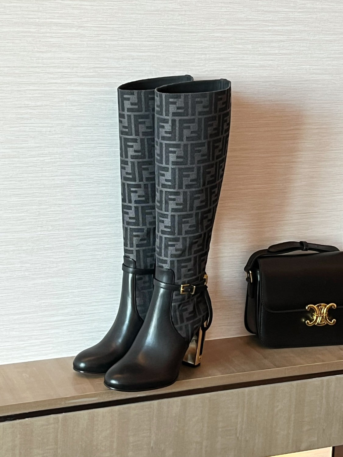 Fendi Women's Fall/Winter Fashion Classic Round Toe Leather FF Jacquard Fabric High Heel Knee High Boots Shoes #79223