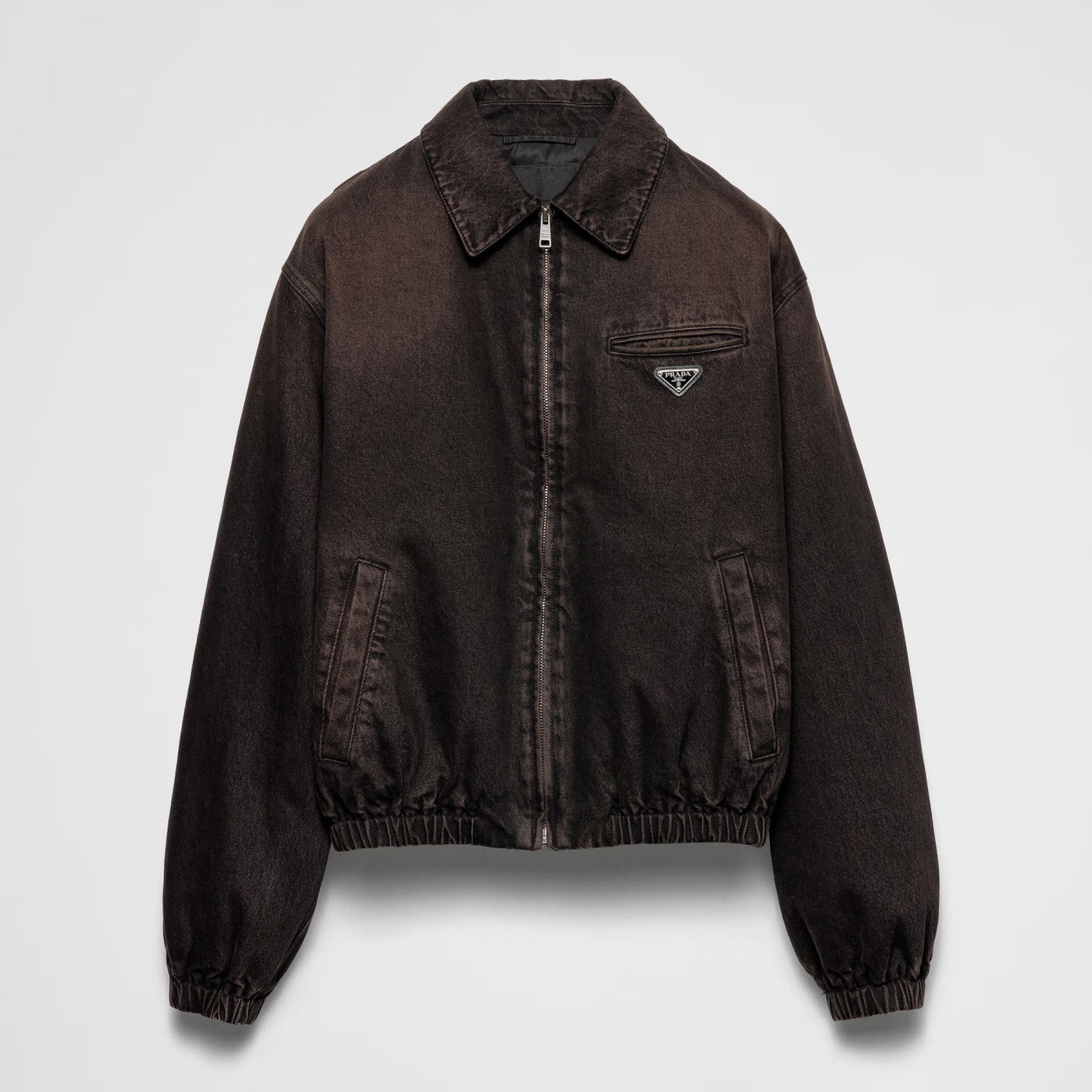 Prada Men's Autumn and Winter Solid Color Logo Applique Zipper Loose Denim Jacket #74971