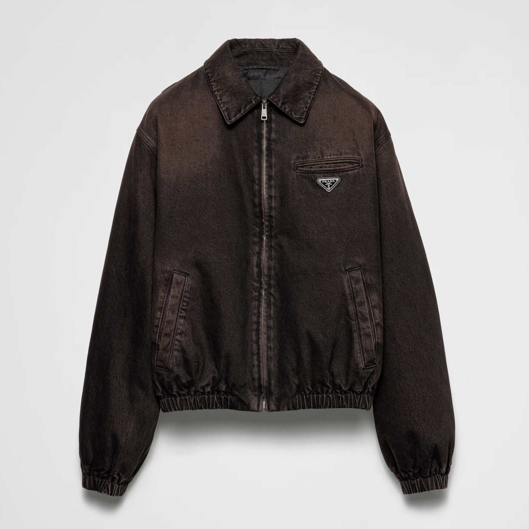 Prada Men's Autumn and Winter Solid Color Logo Applique Zipper Loose Denim Jacket #74971