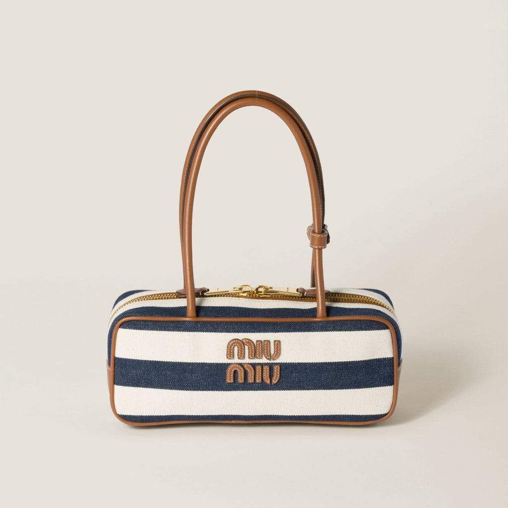 MiuMiu Beau Women's Embroidered Logo Print Striped Canvas And Calfskin Handbag Shoulder Bag Bags #77932