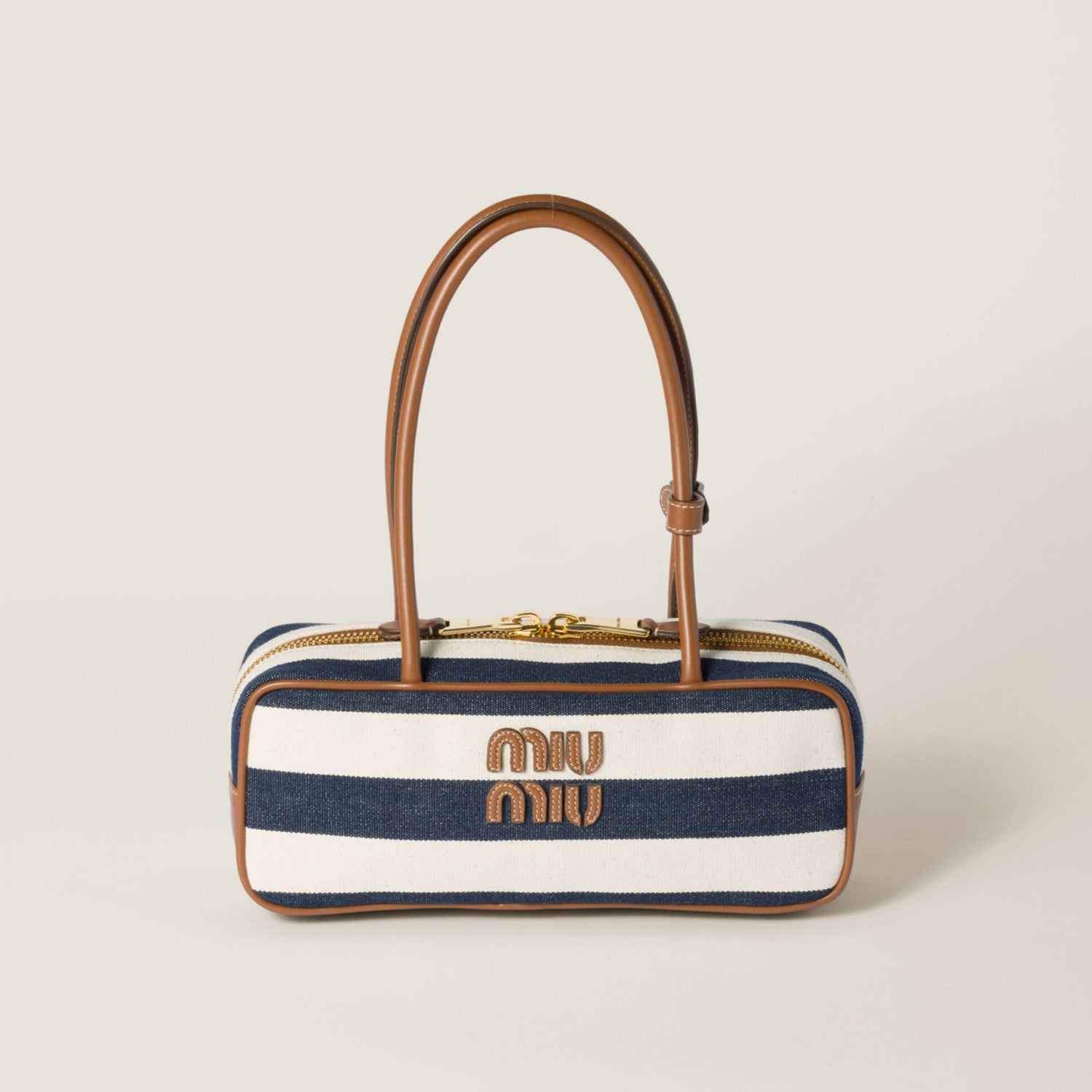 MiuMiu Beau Women's Embroidered Logo Print Striped Canvas And Calfskin Handbag Shoulder Bag Bags #77932