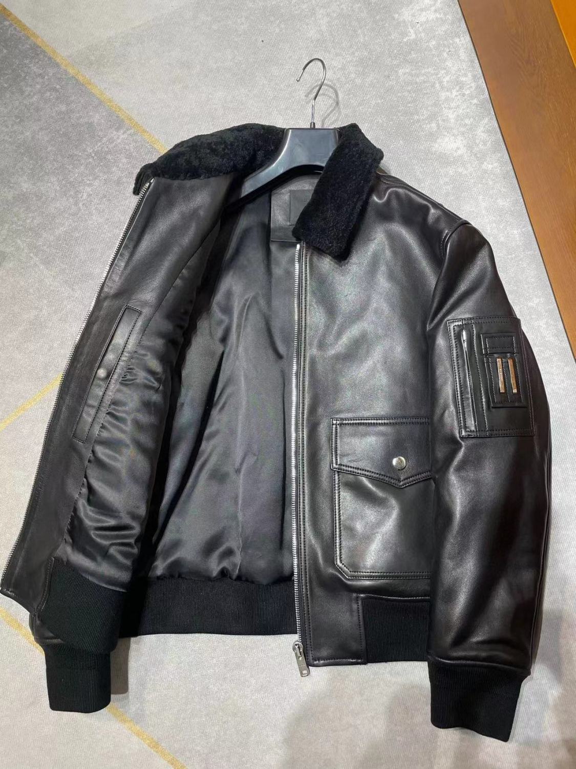Givenchy Men's Winter Black Lamb Fur Collar Lapel Lambskin Leather Zipper Jacket #98473