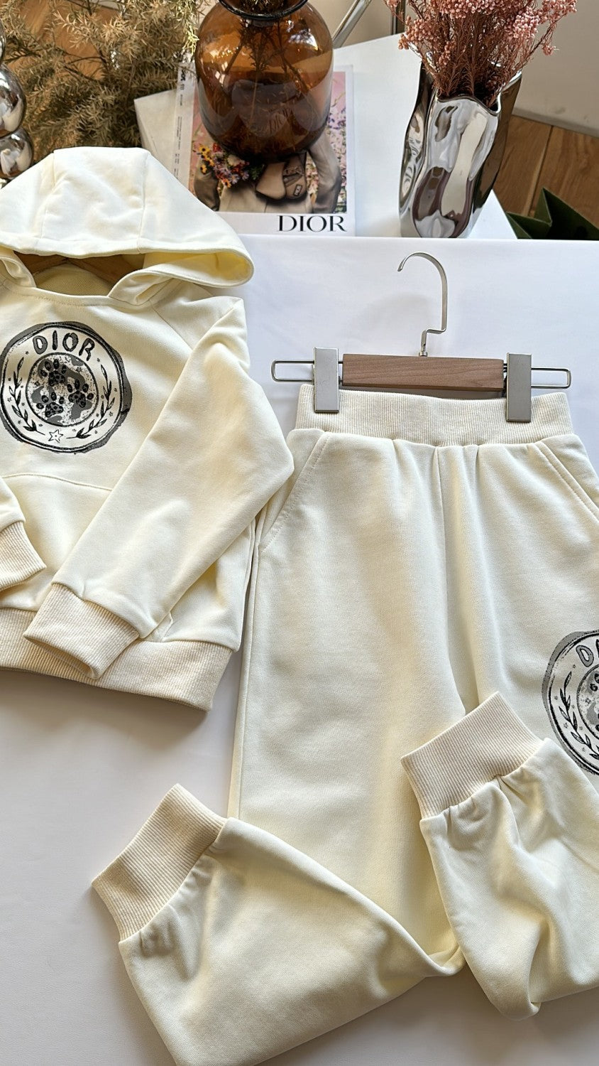 Dior Kid's Spring And Autumn Solid Color Letter Print Long Sleeve Hooded Sweatshirt Fashion Cotton Sweatpants Set #31258
