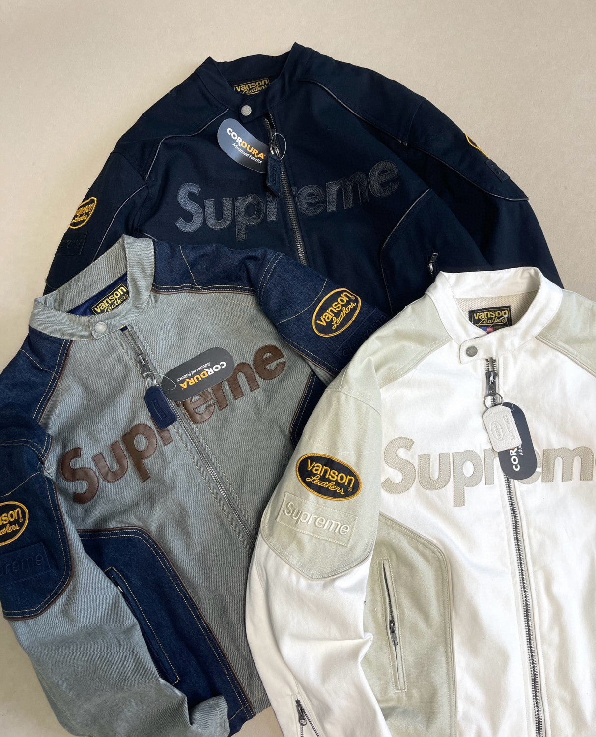 Supreme x Vanson Leathers x Cordura Men's And Women's Spring/Fall Fashion Casual High Neck Leather Logo Zipper Patchwork American Style Jacket #78582