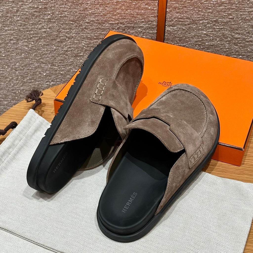 Hermes Men's Spring And Summer Solid Color Calfskin Round Head Flat Bottom Baotou Birkenstock Slippers Shoes #75495