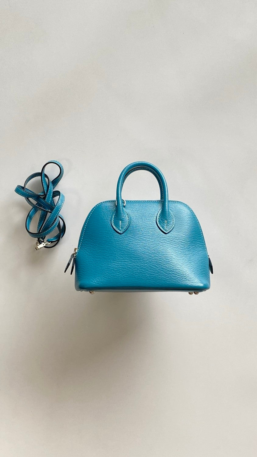 HERMES Bolide 1923 Silver Buckle Evercolor Calfskin Bowling Bag. Mini Handbag. Shoulder Bag. Crossbody Bag. Women's Style. D2 NEW BLEU JEAN #83225A
