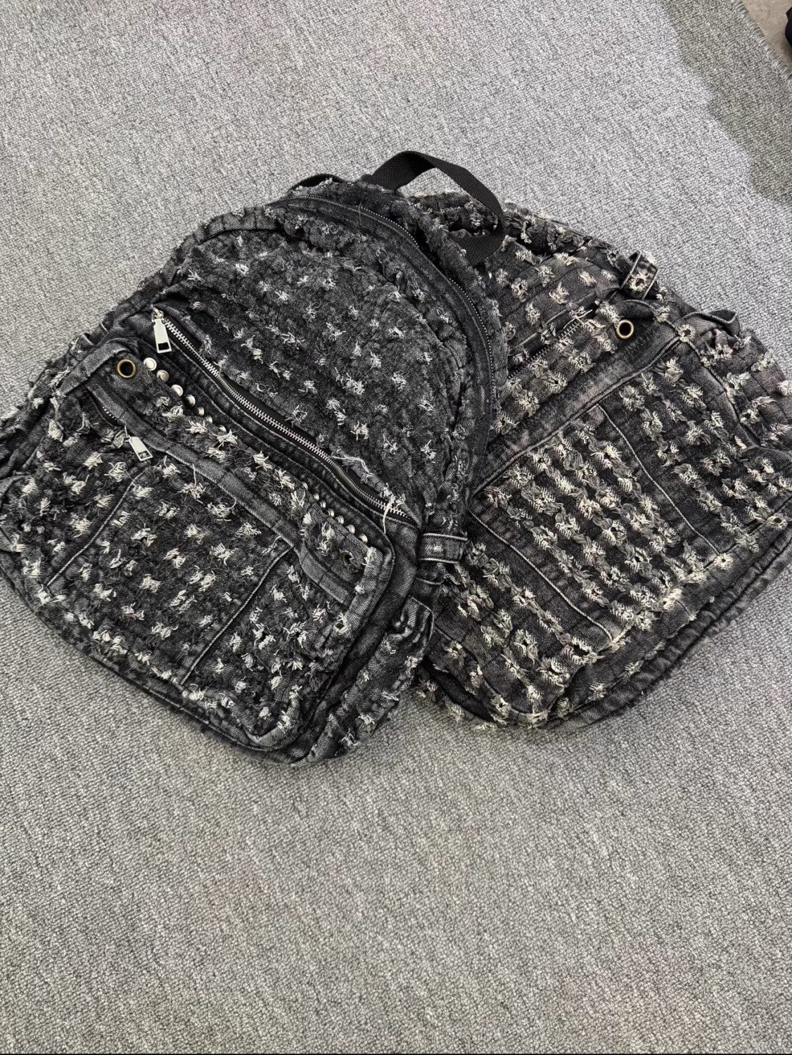 Reckless Scholars  26ss Hand-distressed Perforated Backpack Versatile Street Style Large Capacity Men's Distressed Studded Denim Backpack Bag Bags Male #196831