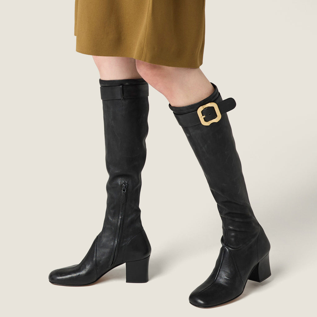 MiuMiu Women's Fall/Winter Fashion Classic Solid Color Leather Round Toe Sleeve Style Zipper Buckle Elastic Bare Leather Boots High Top Boots Shoes #79238