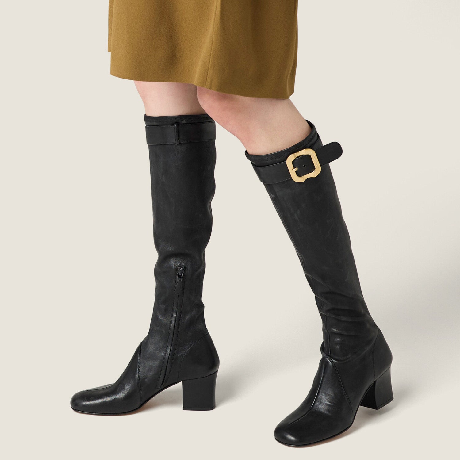 MiuMiu Women's Fall/Winter Fashion Classic Solid Color Leather Round Toe Sleeve Style Zipper Buckle Elastic Bare Leather Boots High Top Boots Shoes #79238
