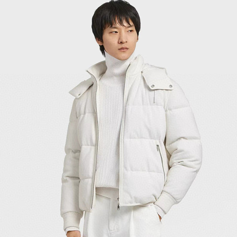 Ermenegildo Zegna  Men's Autumn And Winter Solid Color Standing Collar Zipper Removable Hood Knitted Wool Down Jacket  Ngvp #7417