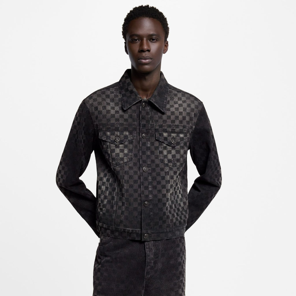 Louis Vuitton Men's Spring Autumn Black Checkered Damier Flocked Suit Lapel Single Breasted Long Sleeve Jacket Straight Wide Leg Trousers Suit Set #81138