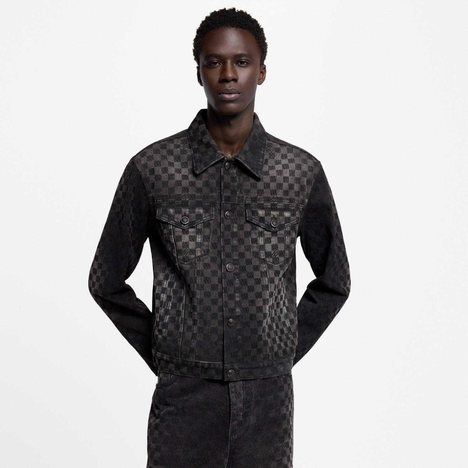 Louis Vuitton Men's Spring Autumn Black Checkered Damier Flocked Suit Lapel Single Breasted Long Sleeve Jacket Straight Wide Leg Trousers Suit Set #81138
