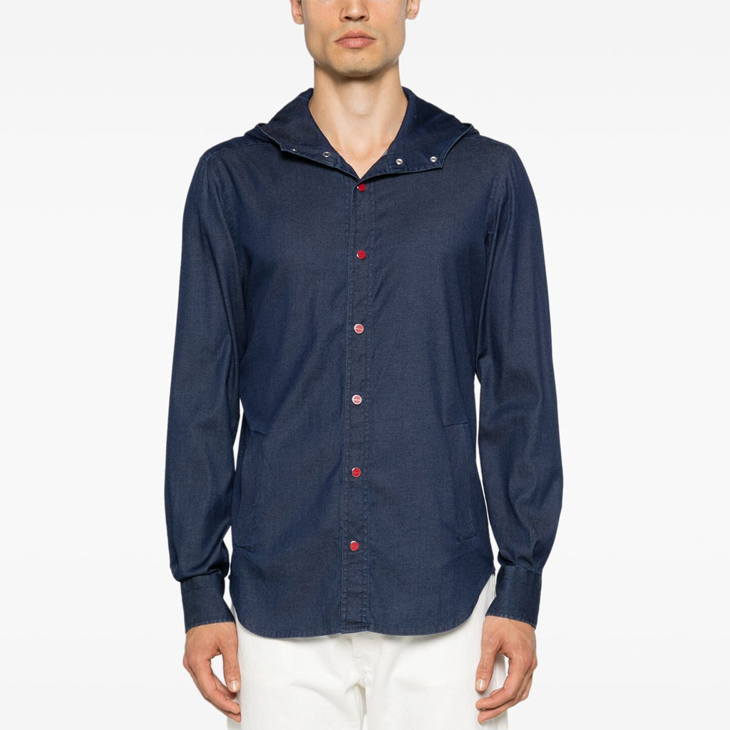 Kiton Men's Spring And Fall Retro Plaid Hooded Shirt Long-sleeved Lapel Buttons Fashion Casual Denim Cotton Shirt Ngvp #8879