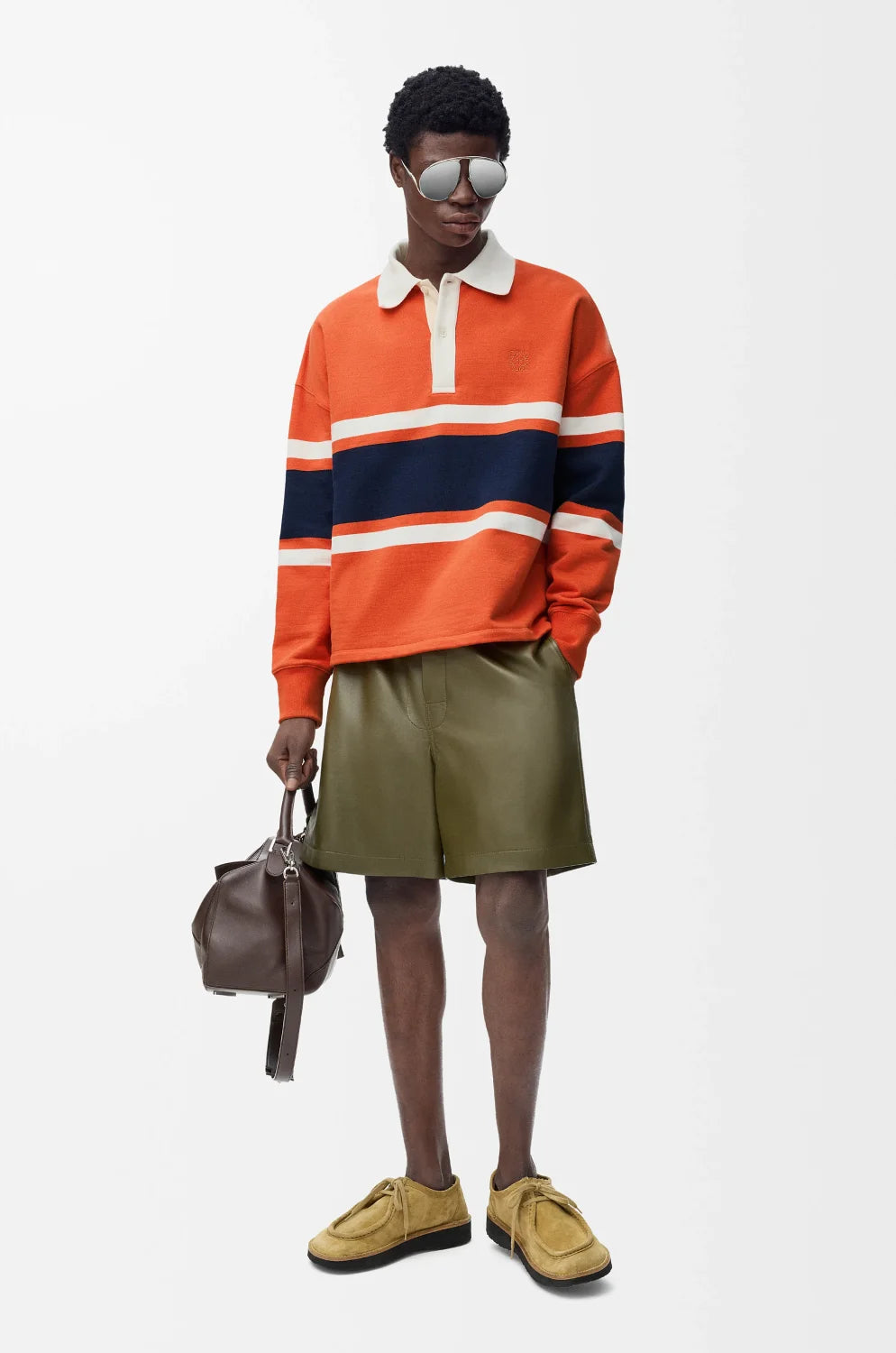 LOEWE FW25 Men's Cotton Horizontal Striped Logo Embroidered Long-Sleeved Polo Shirt #332269