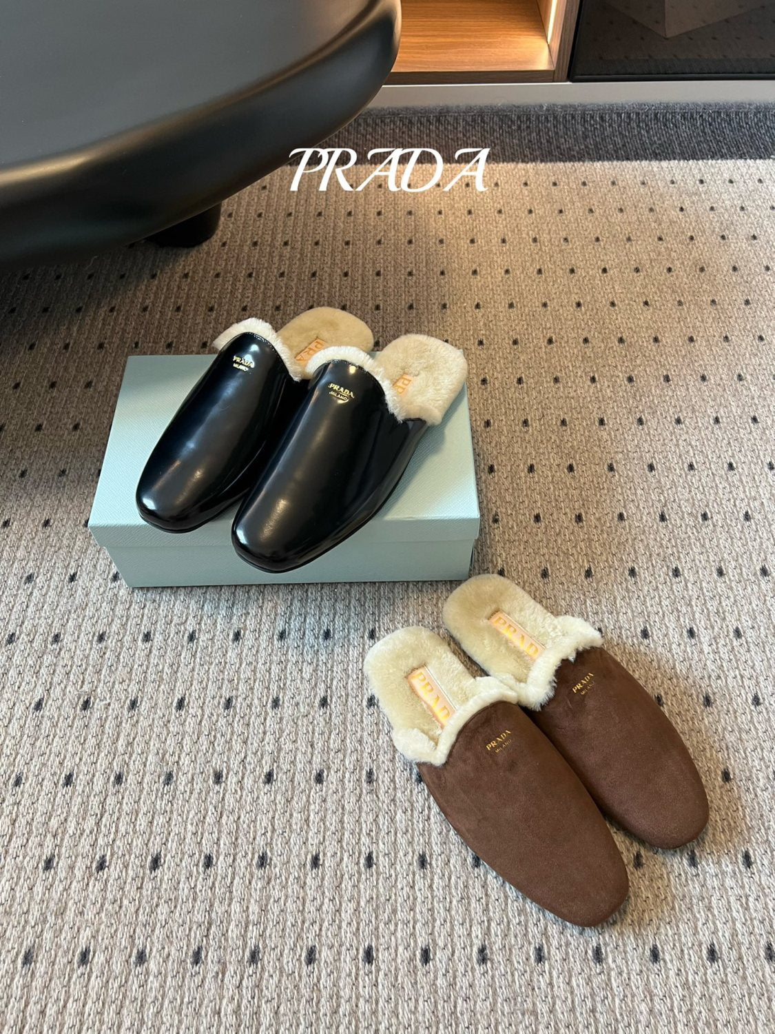 Prada Women's Fall/winter Fashion Casual Round Toe Slip On Leather Suede Fleece Lined Mule Shoes Half Slip On Slippers Shoes #79259