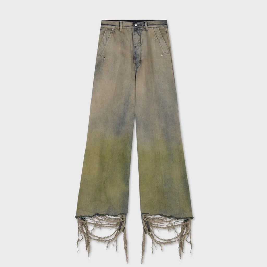 Rick Owens Men's Women's Four Seasons Gradient Yellow Green Washed Vintage Hole Breaking Wide Leg Denim Long Pants Ngvp #8192