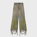 Rick Owens Men's Women's Four Seasons Gradient Yellow Green Washed Vintage Hole Breaking Wide Leg Denim Long Pants Ngvp #8192