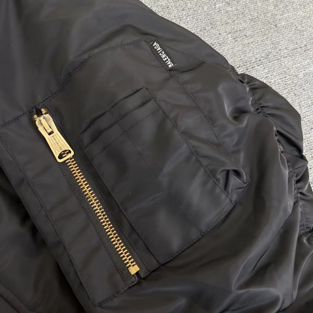 Balenciaga Men's Winter Black Nylon Embroidered Logo Hooded Pilot Zipper Long Sleeve Jacket #98145