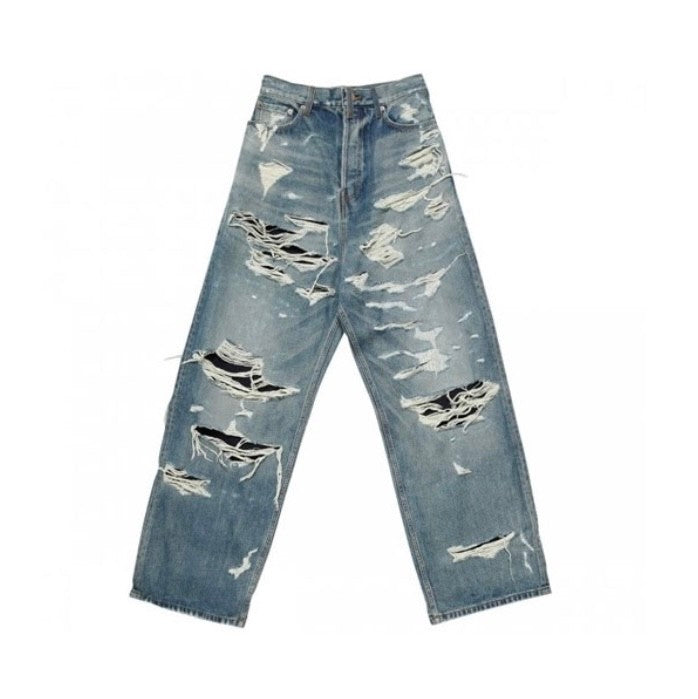 Balenciaga Men's Women's Four Seasons Fashion Destroyed Denim Trousers Blue Double Layer Casual Fit Straight Jeans Pants Ngvp #8933