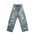 Balenciaga Men's Women's Four Seasons Fashion Destroyed Denim Trousers Blue Double Layer Casual Fit Straight Jeans Pants Ngvp #8933