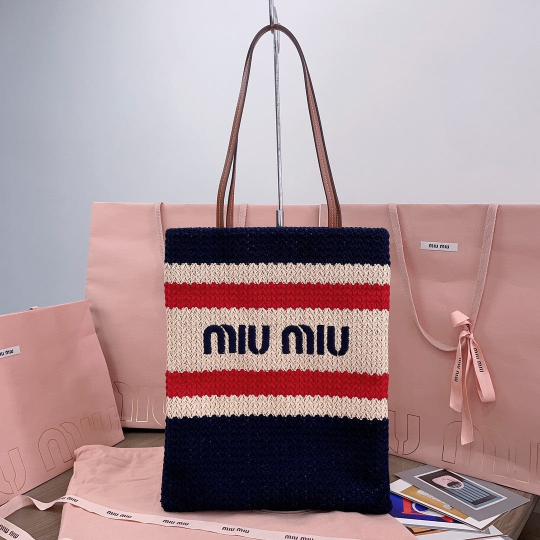 MiuMiu Women's Logo Embroidery Raffia Patchwork Cotton Thread Woven Shopping Bag Shoulder Tote Bags #76743