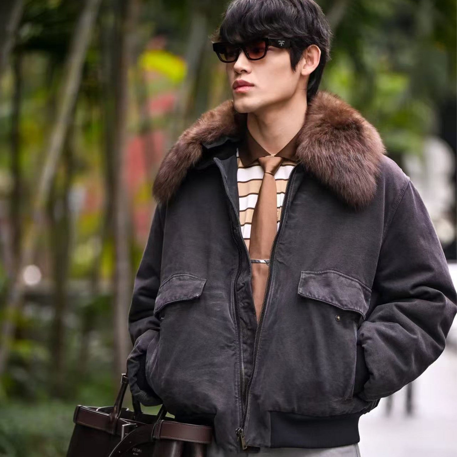 Prada Men's Fall And Winter Hair Collar Black Cotton Jacket Fashion Trend Warm Casual Zipper Short Jacket Coat Ngvp #2196