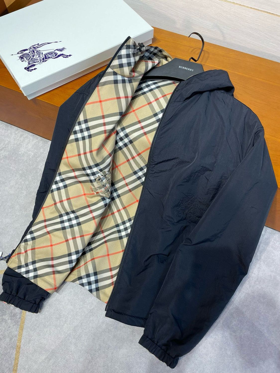 Burberry Men's Autumn and Winter Check Printed Reversible Zipper Hooded Long Sleeve Jacket #73814