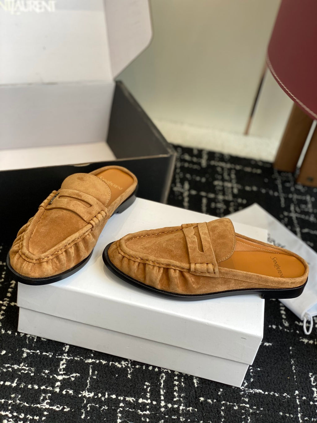 Saint Laurent LE LOAFER Women's Fashion Casual Round Toe Slip On Half Slip On Logo Leather Loafer Mule Shoes #78444