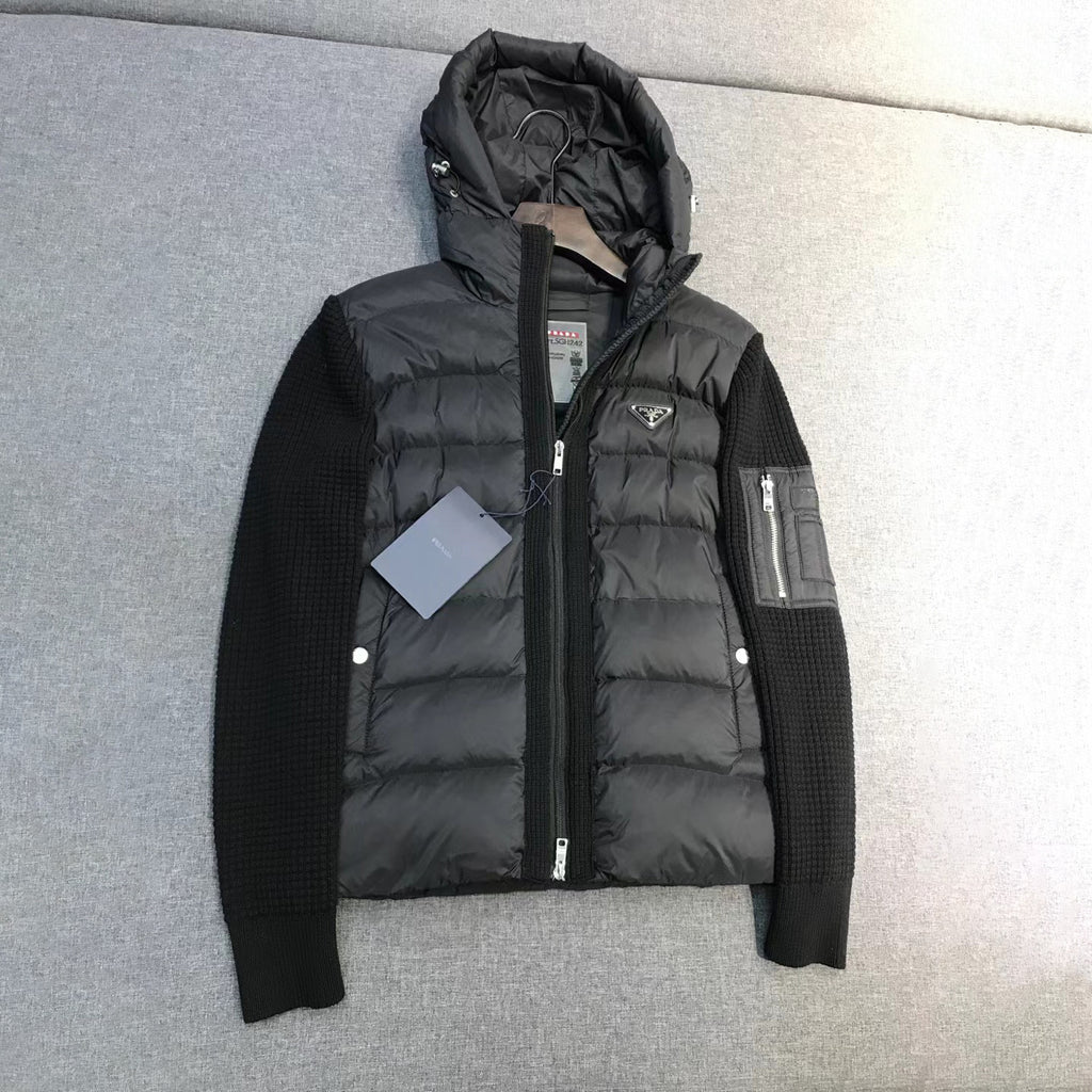 Prada Men's Fall/Winter Fashion Casual Classic Logo Triangular Enamel Emblem Hooded Zipper Patchwork Down Jacket #79548