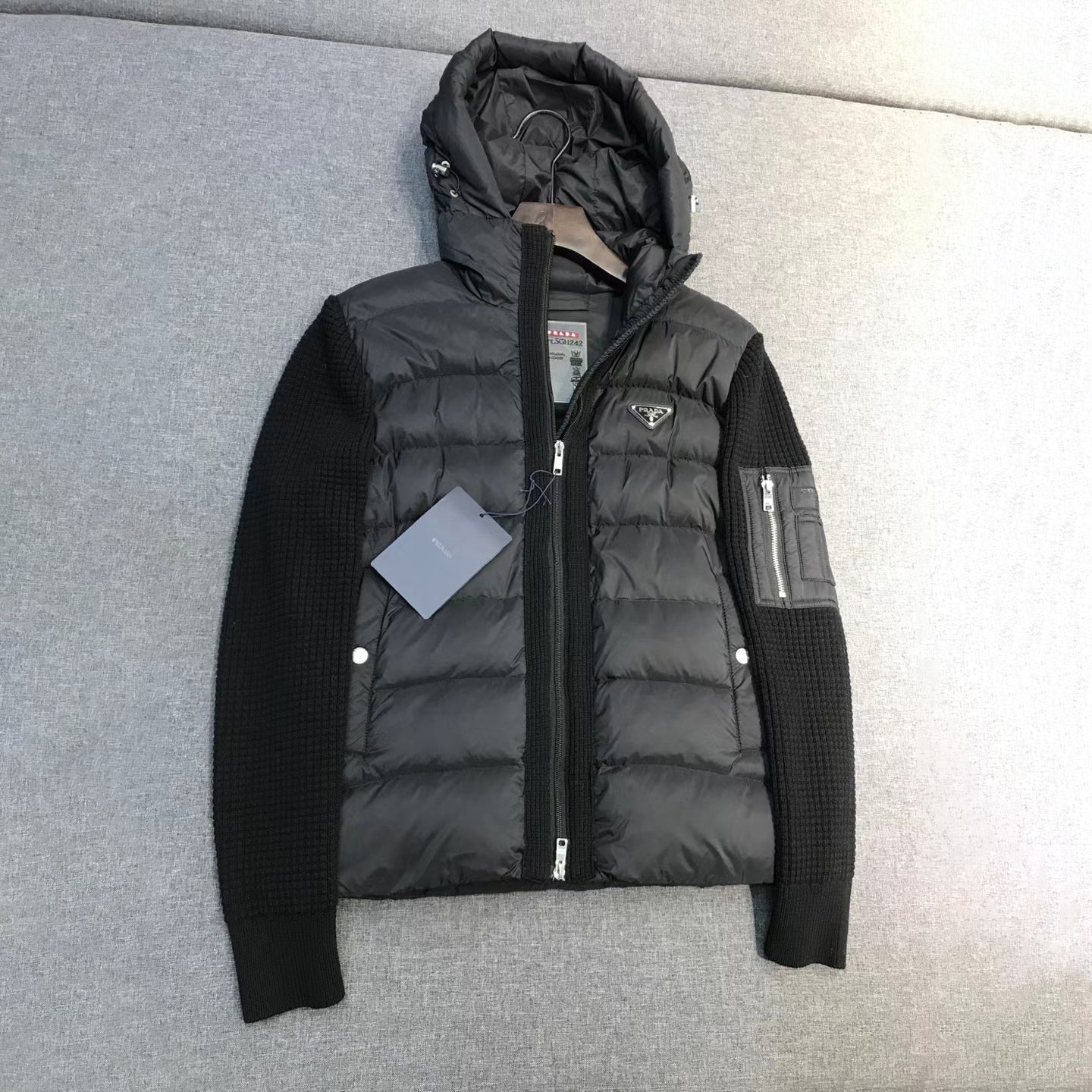 Prada Men's Fall/Winter Fashion Casual Classic Logo Triangular Enamel Emblem Hooded Zipper Patchwork Down Jacket #79548