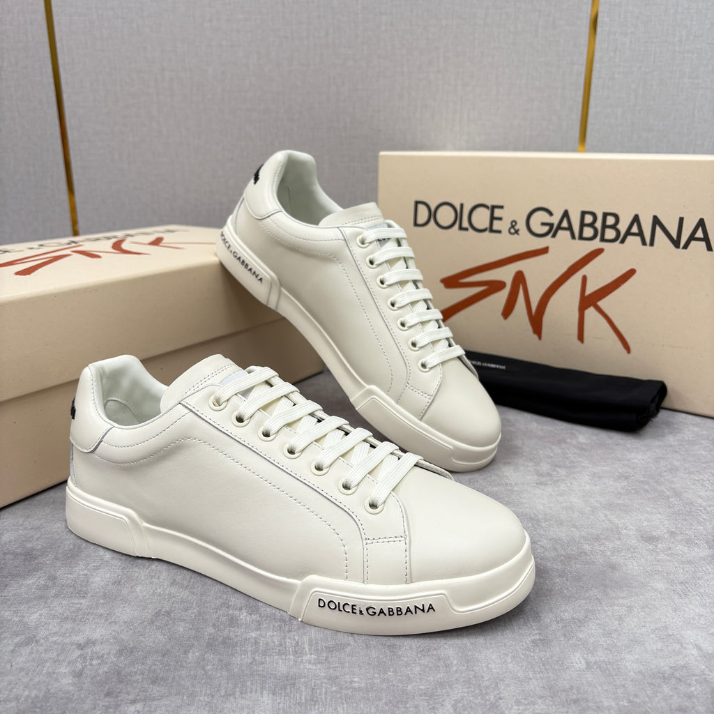 Dolce&Gabbana Men's And Women's Spring/Fall Fashion Casual Round Toe Lace Up Solid Color Leather Printed Rubber Sole Sneakers Shoes #78728
