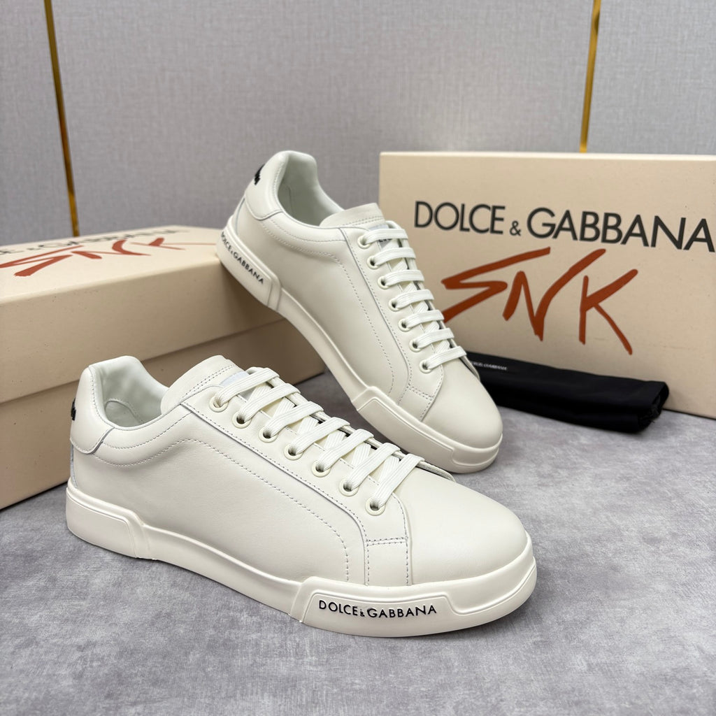 Dolce&Gabbana Men's And Women's Spring/Fall Fashion Casual Round Toe Lace Up Solid Color Leather Printed Rubber Sole Sneakers Shoes #78728