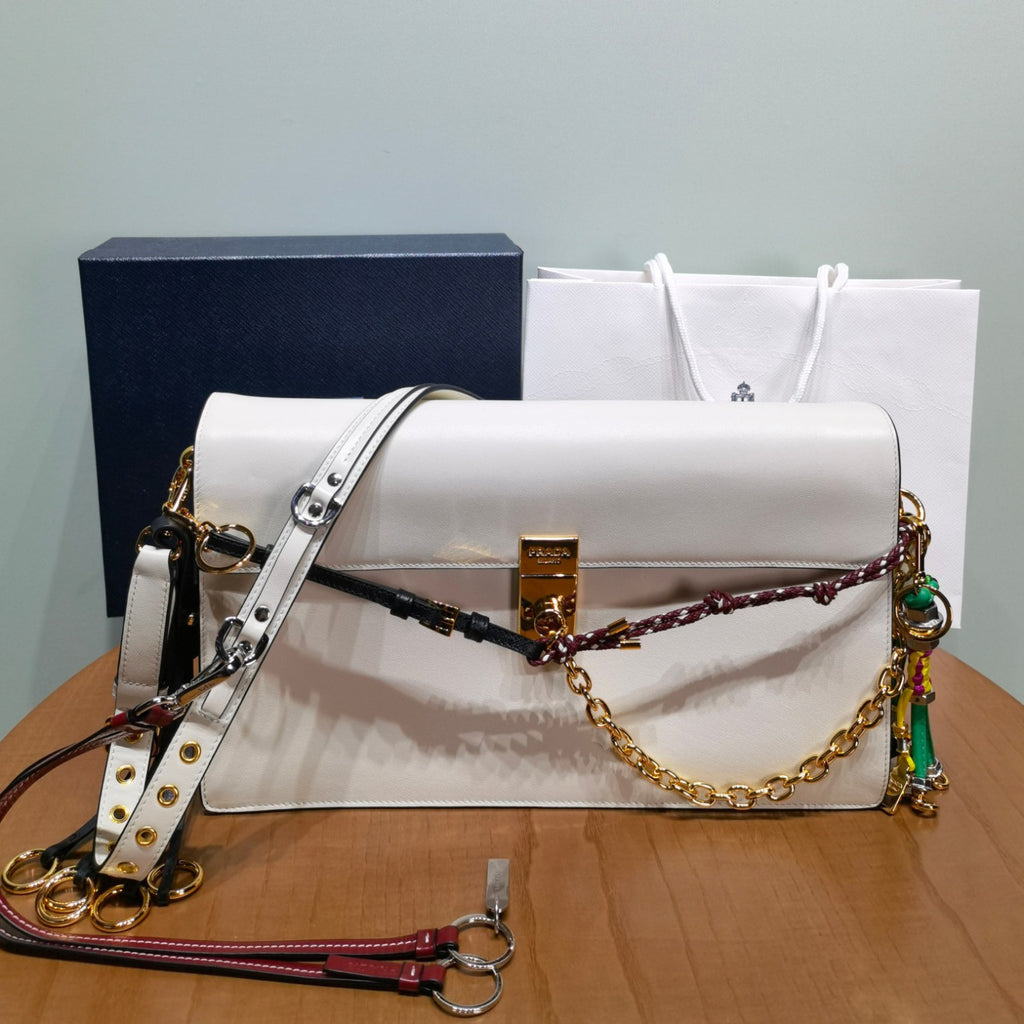 Prada Soft Sound Women's Metal Parts Snap Button Flap Closure Solid Color Leather Crossbody Shoulder Bag Bags #76359