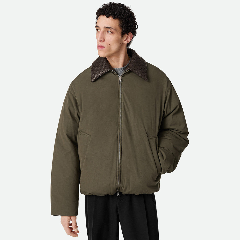 Bottega Veneta Men's Spring/Fall Knit Leather Collar Two-Way Zipper Technical Fabric Solid Color Long Down Jacket Ngvp #333312
