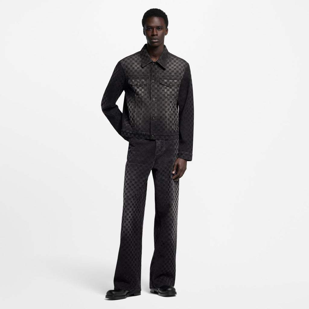 Louis Vuitton Men's Spring Autumn Black Checkered Damier Flocked Suit Lapel Single Breasted Long Sleeve Jacket Straight Wide Leg Trousers Suit Set #81138