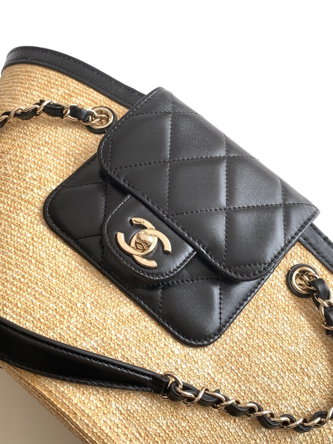 Chanel 26C Straw Basket Bag Lafite Grass White Leather Spliced Tote Bag # 371396