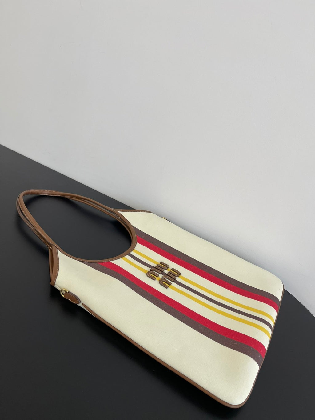 MiuMiu IVY Women's Embroidered Letter Print Striped Pattern Canvas And Leather Handbag Tote Bag Bags #77931