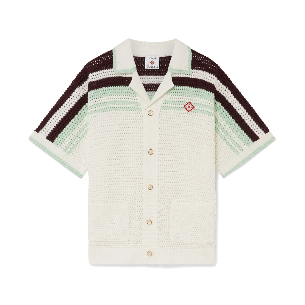 Casablanca Men's Summer Fashion Casual V-Neck Single Button Knit Striped Sweater Shirt with Elastic Drawstring Waist Knit Striped Shorts Suit Set #78593