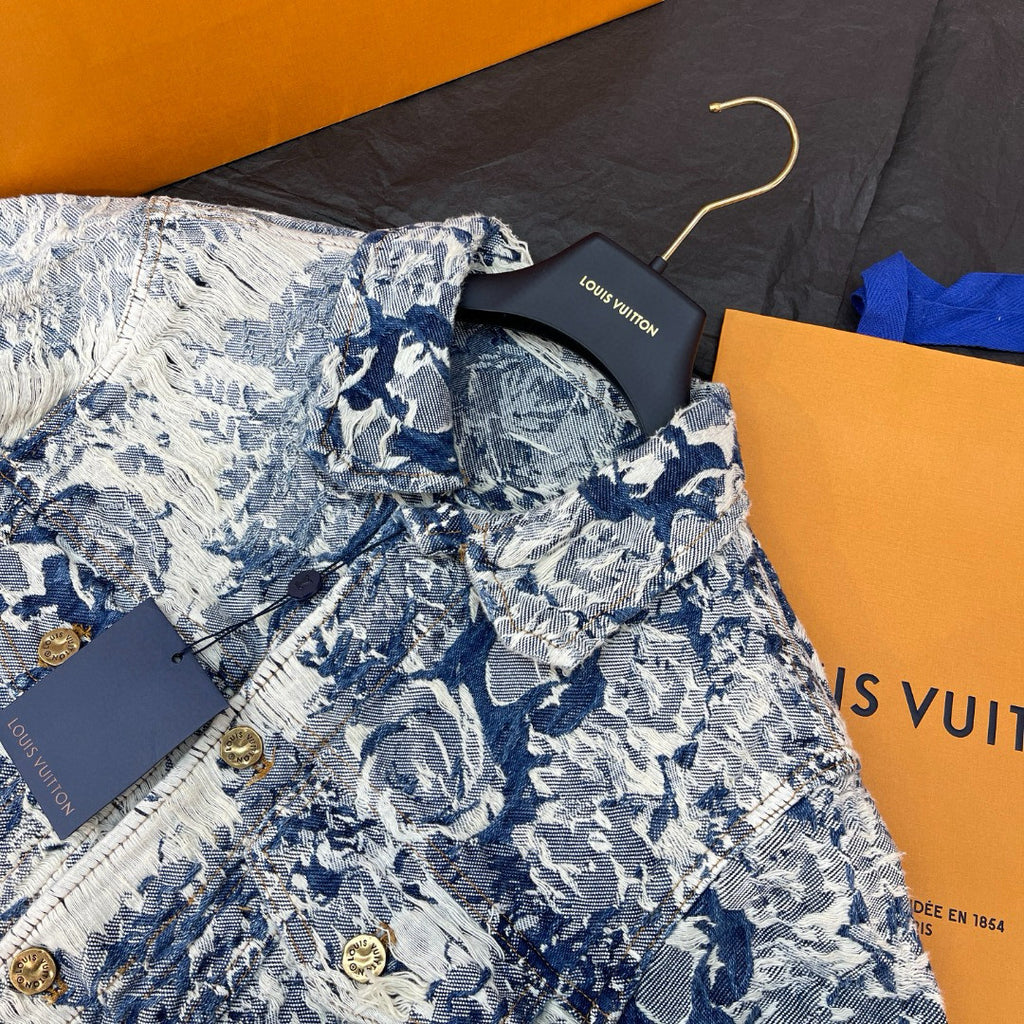 Louis Vuitton Men's Women's Spring And Autumn Cotton Denim Jacquard Embroidered Flower Denim Jacket Lapel Casual Jacket #99381