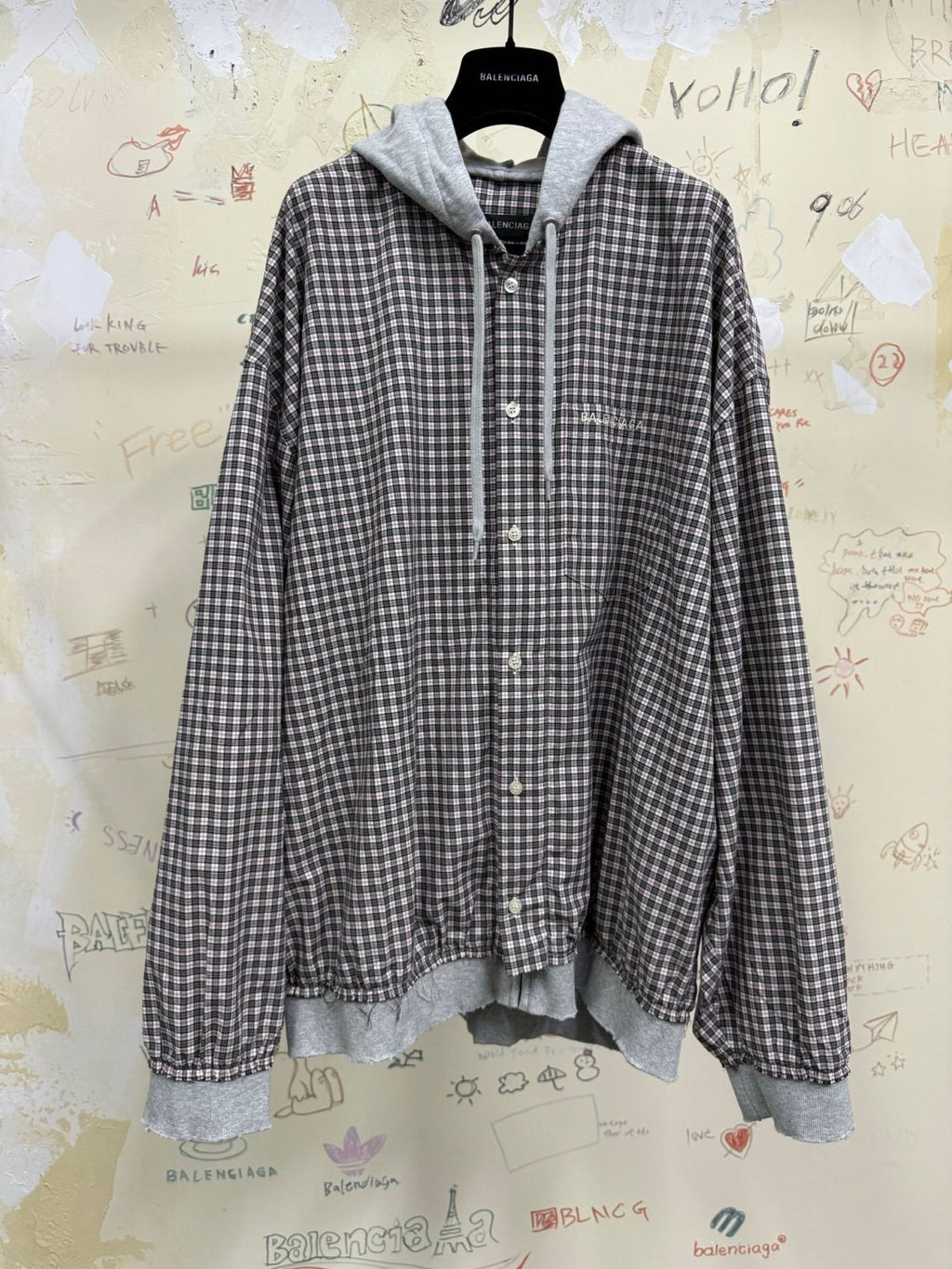 Balenciaga Men's Spring/Autumn Checkered Print Cotton Hooded Single-Breasted Zipper Long-Sleeved Shirt #77746