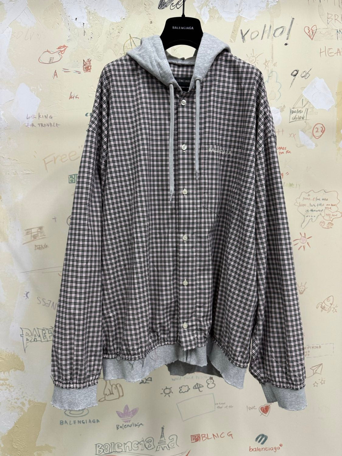 Balenciaga Men's Spring/Autumn Checkered Print Cotton Hooded Single-Breasted Zipper Long-Sleeved Shirt #77746