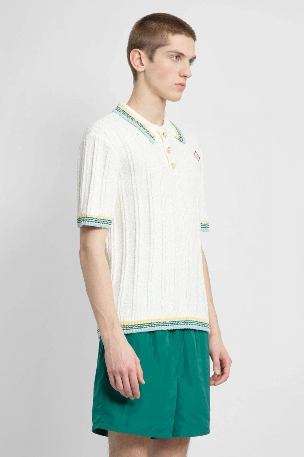 Casablanca Men's Summer White Striped Trim Comfortable Ribbed Knit Short Sleeve Polo T-Shirt #73227