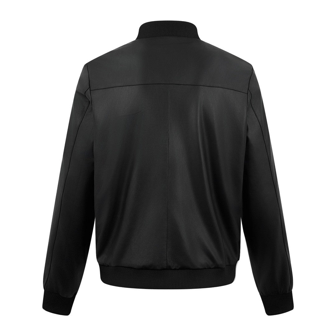 Prada Men's Fall/Winter Fashion Classic Solid Color Leather Crew Neck Zip Up Reversible Leather Plain Weave Jacket #79345
